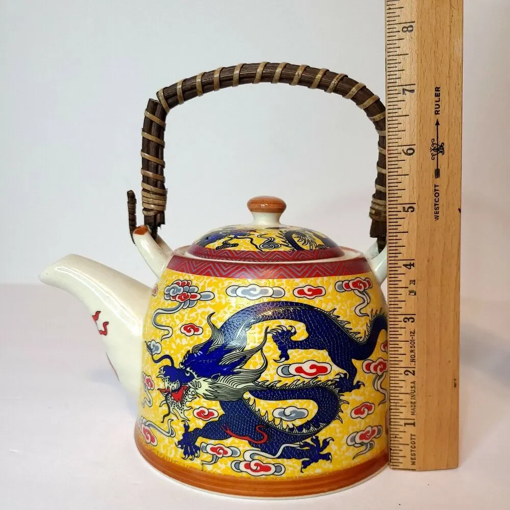 Mia Ko's Blue Dragon & Yellow Ceramic Textured Teapot‎ Chinese Dragon Loong Lung
